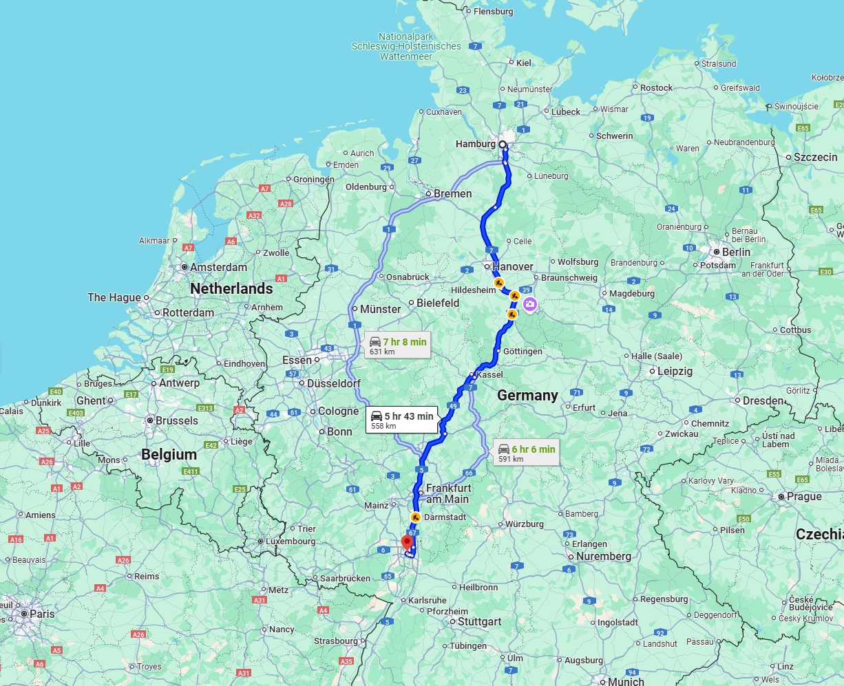 Anreise von Hamburg Zu Mannheim Über via A7