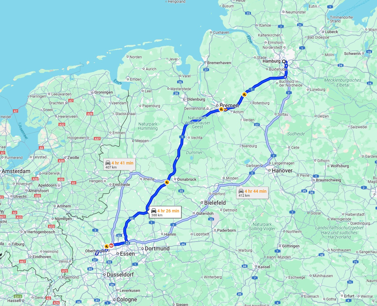 Anreise von Hamburg Zu Moers Über via A1