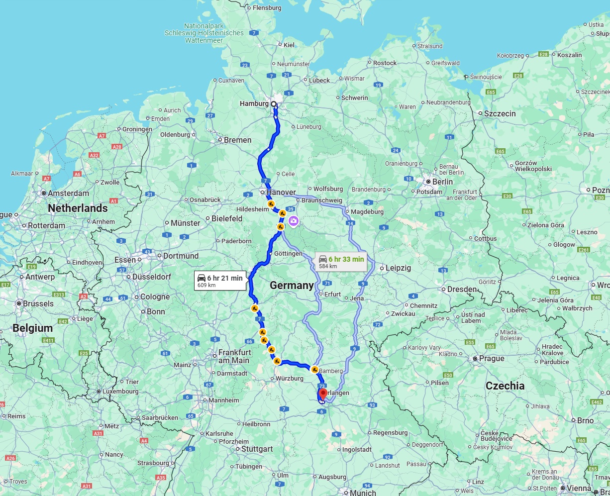 Anreise von Hamburg Zu Nürnberg Über via A7