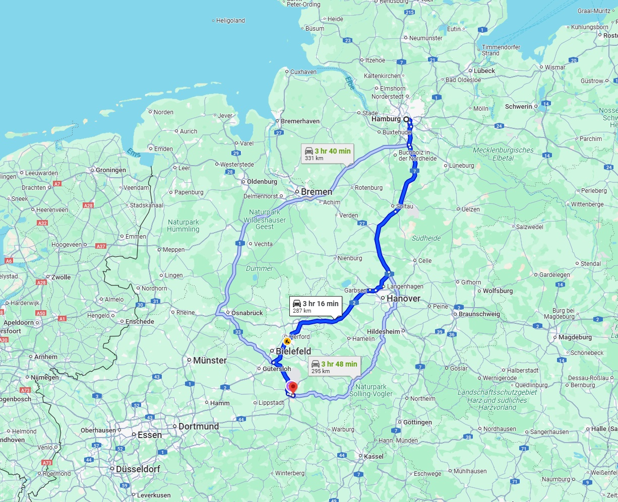 Anreise von Hamburg Zu Paderborn Über via A7 and A2