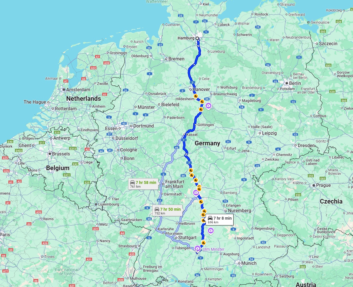 Anreise von Hamburg Zu Ulm Über via A7