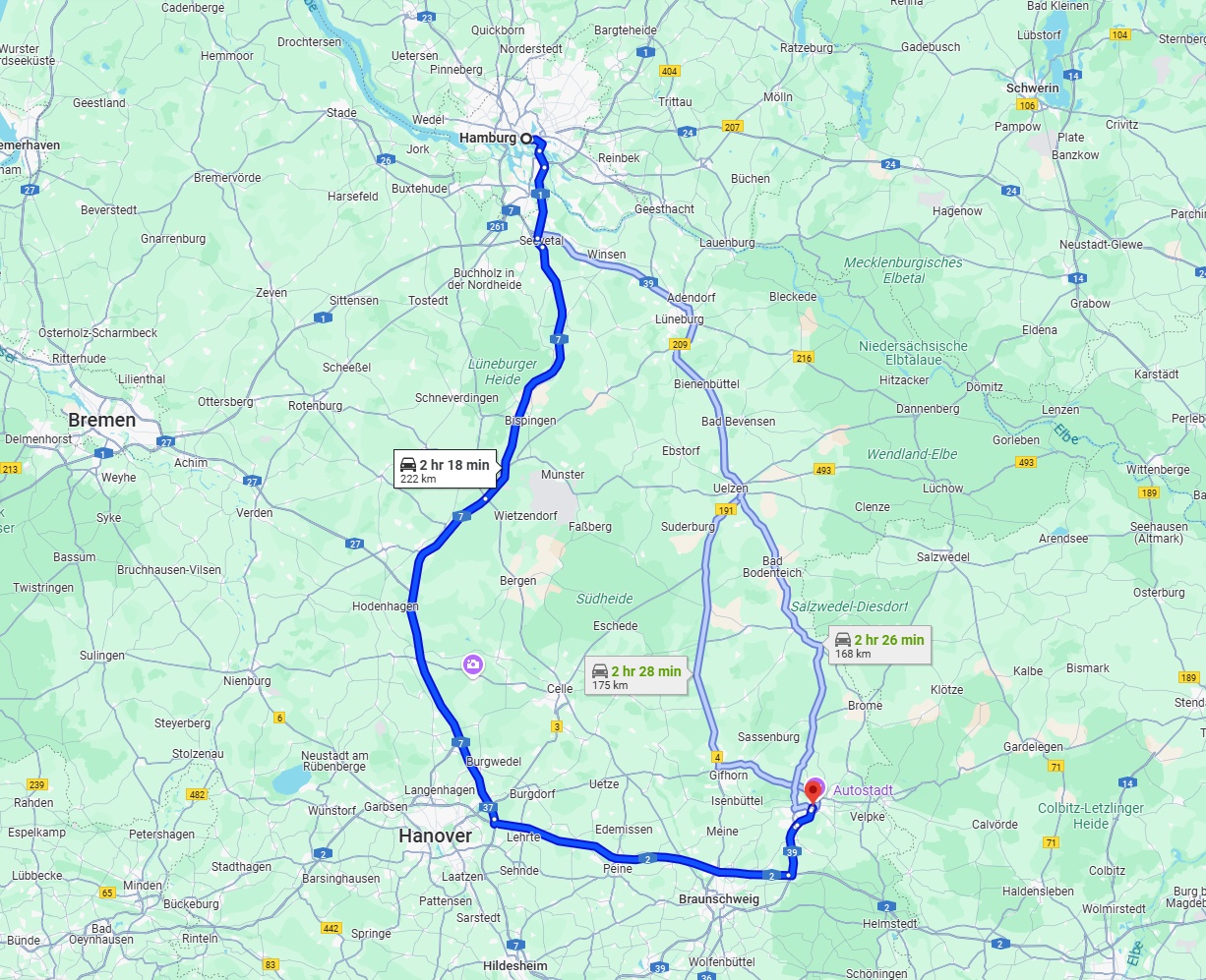 Anreise von Hamburg Zu Wolfsburg Über via A7 and A2
