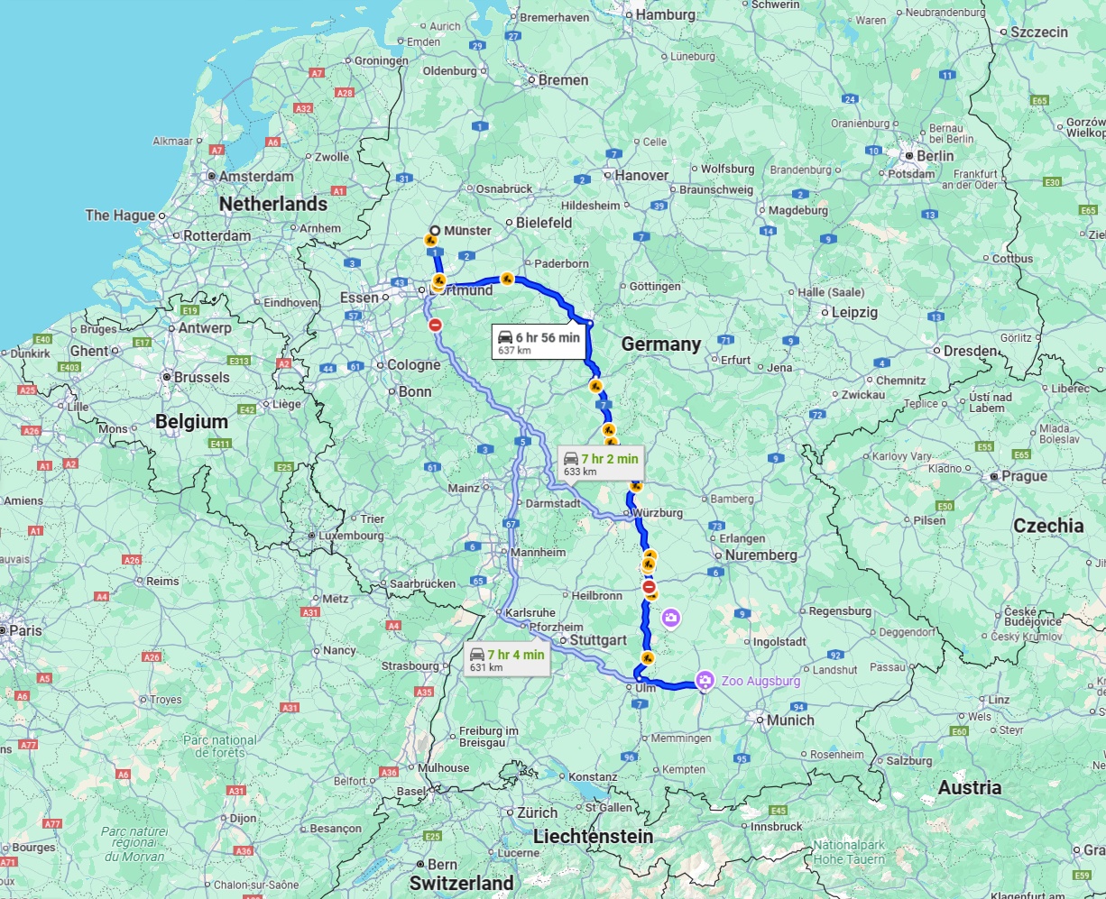 Anreise von Münster Zu Augsburg Über via A7