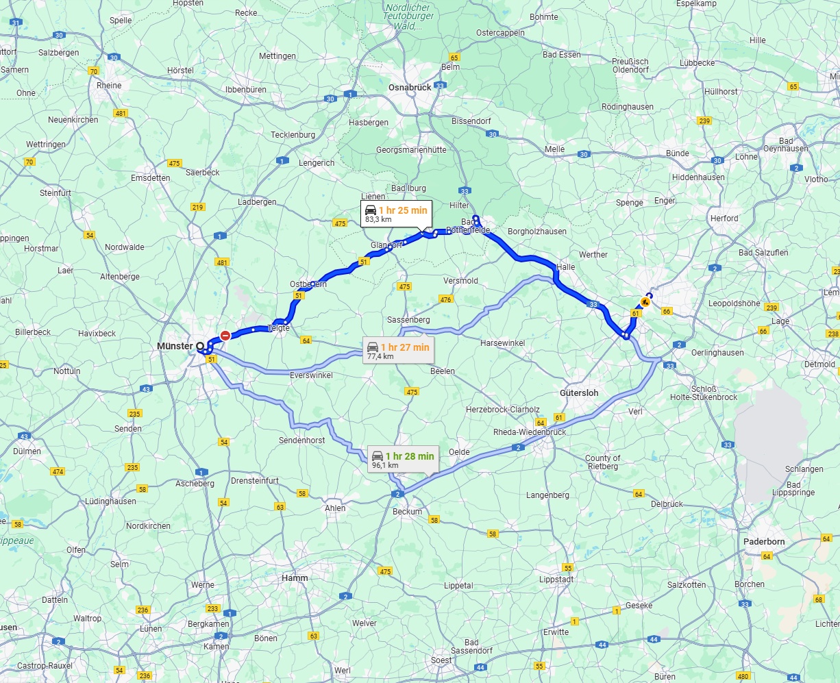 Anreise von Münster Zu Bielefeld Über via B51 and A33