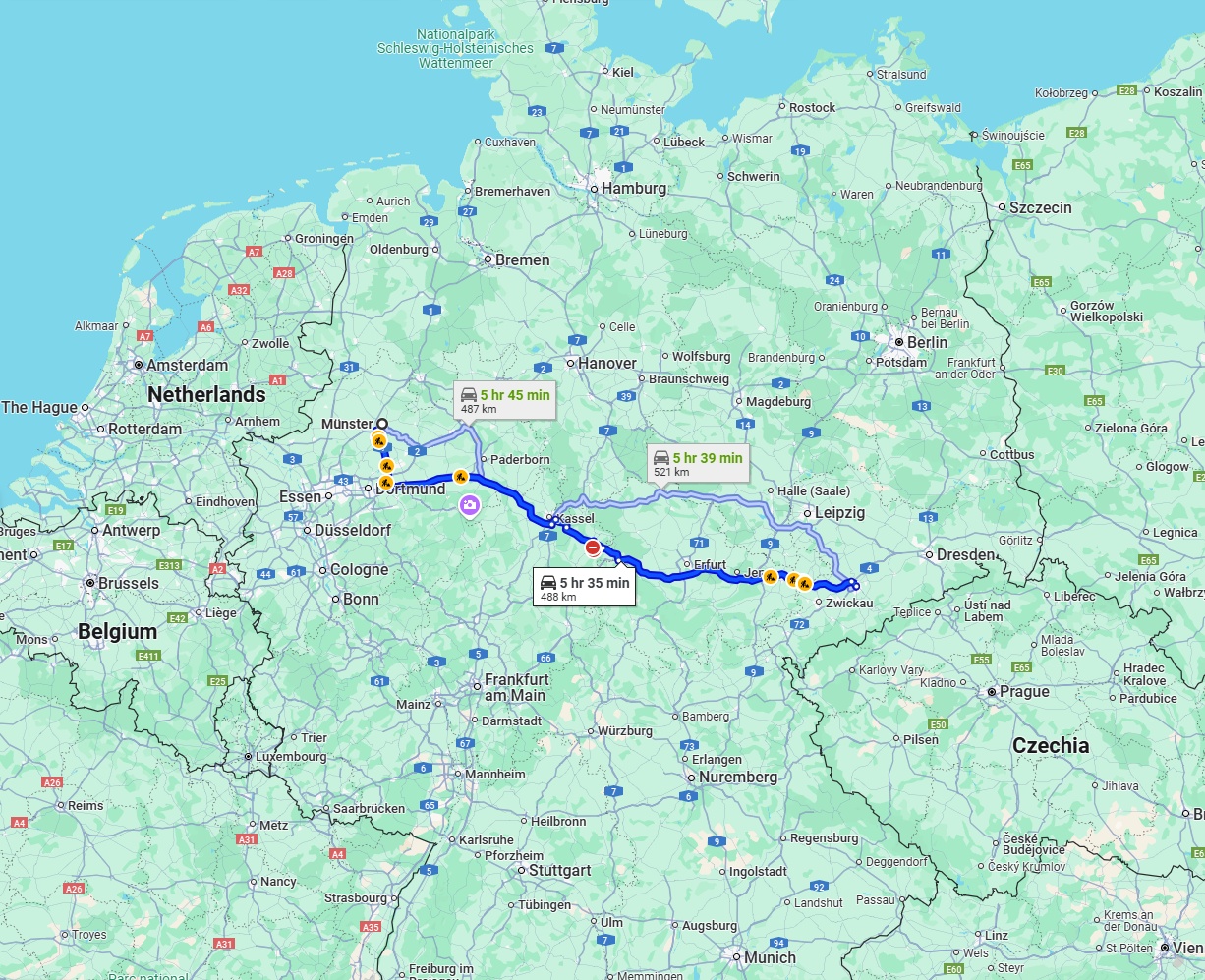 Anreise von Münster Zu Chemnitz Über via A44 and A4