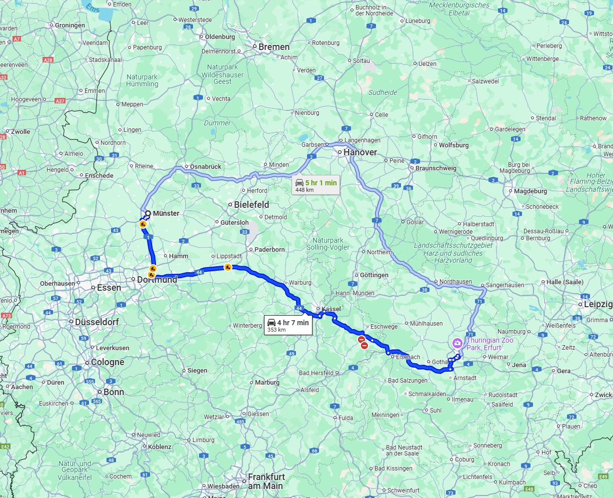 Anreise von Münster Zu Erfurt Über via A44