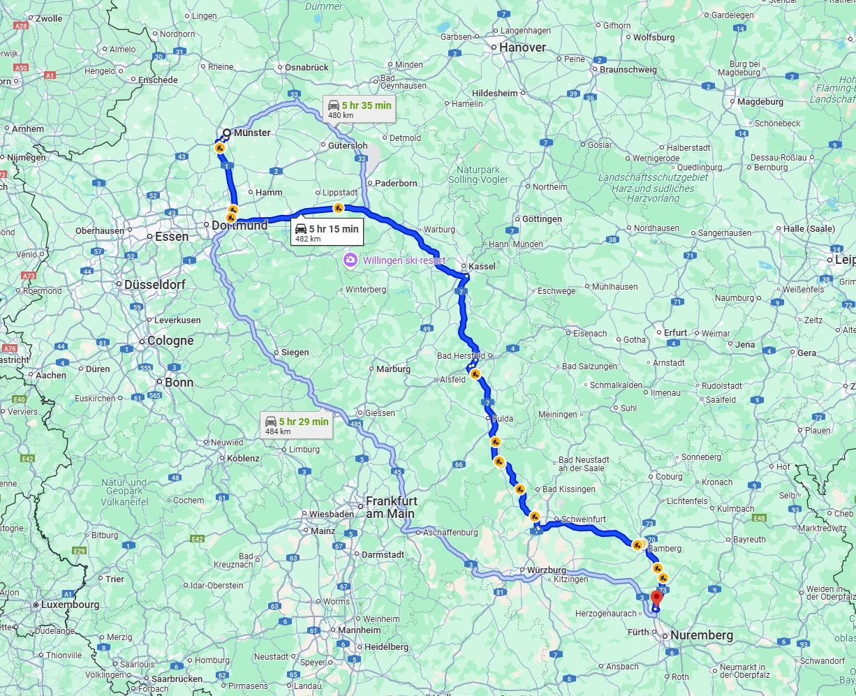Anreise von Münster Zu Erlangen Über via A44 and A7