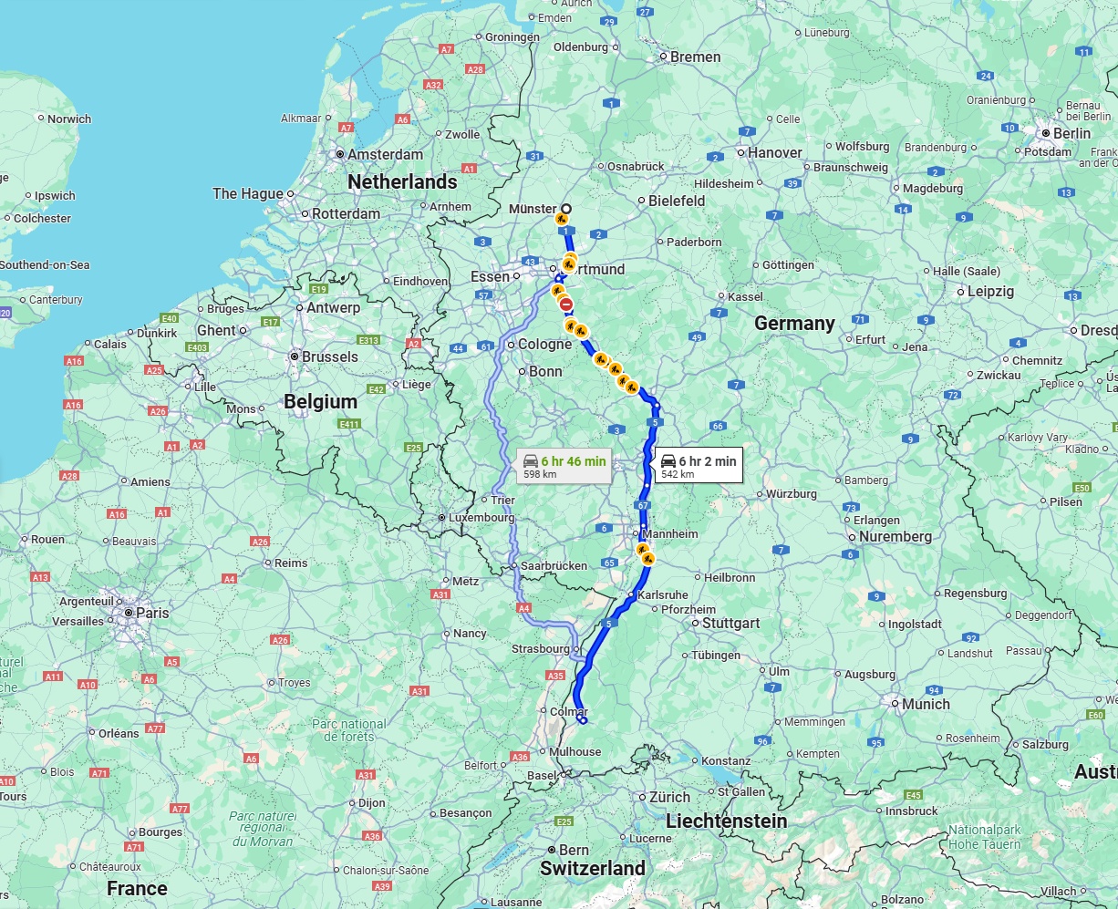 Anreise von Münster Zu Freiburg im Breisgau Über via A45 and A5