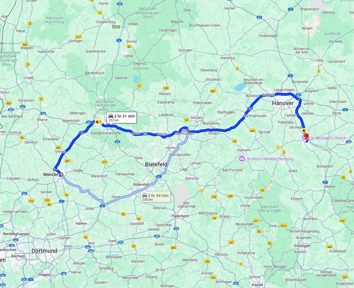Anreise von Münster Zu Hildesheim Über via A30 and A2