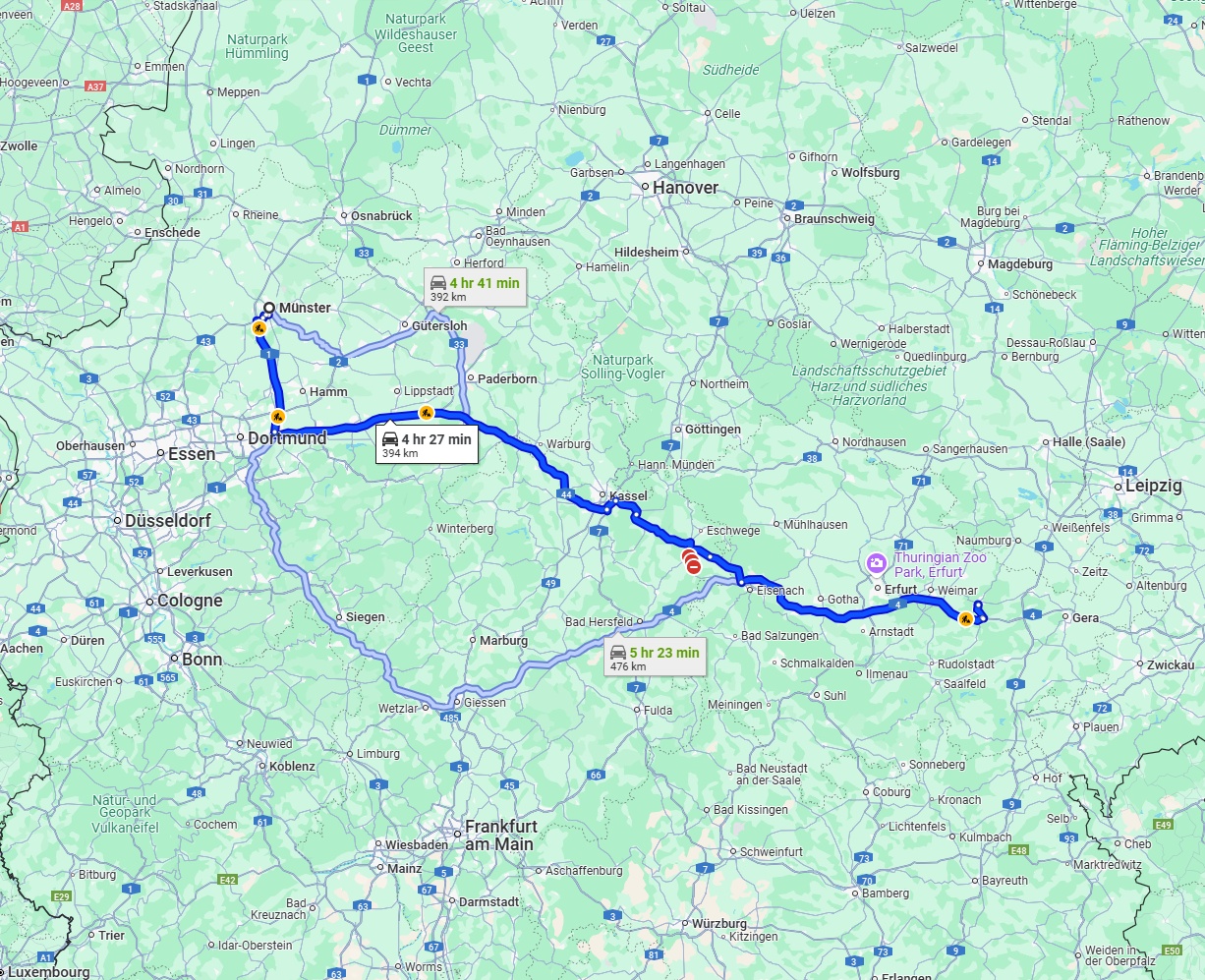 Anreise von Münster Zu Jena Über via A44 and A4