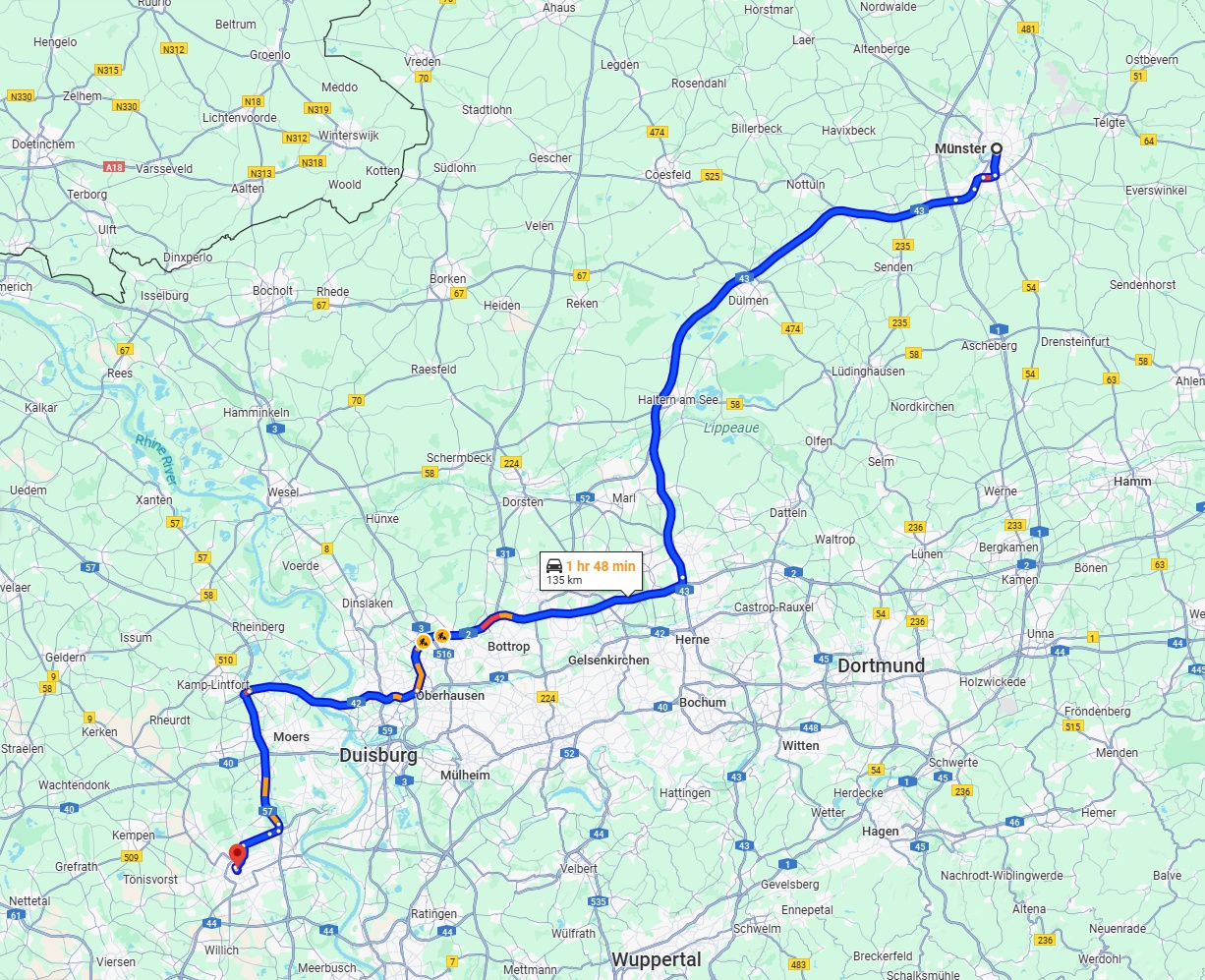 Anreise von Münster Zu Krefeld Über via A43
