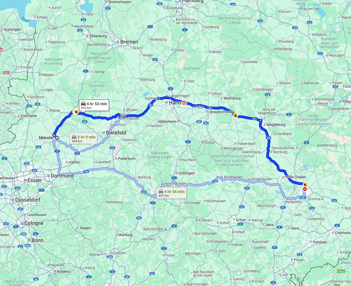 Anreise von Münster Zu Leipzig Über via A2 and A14