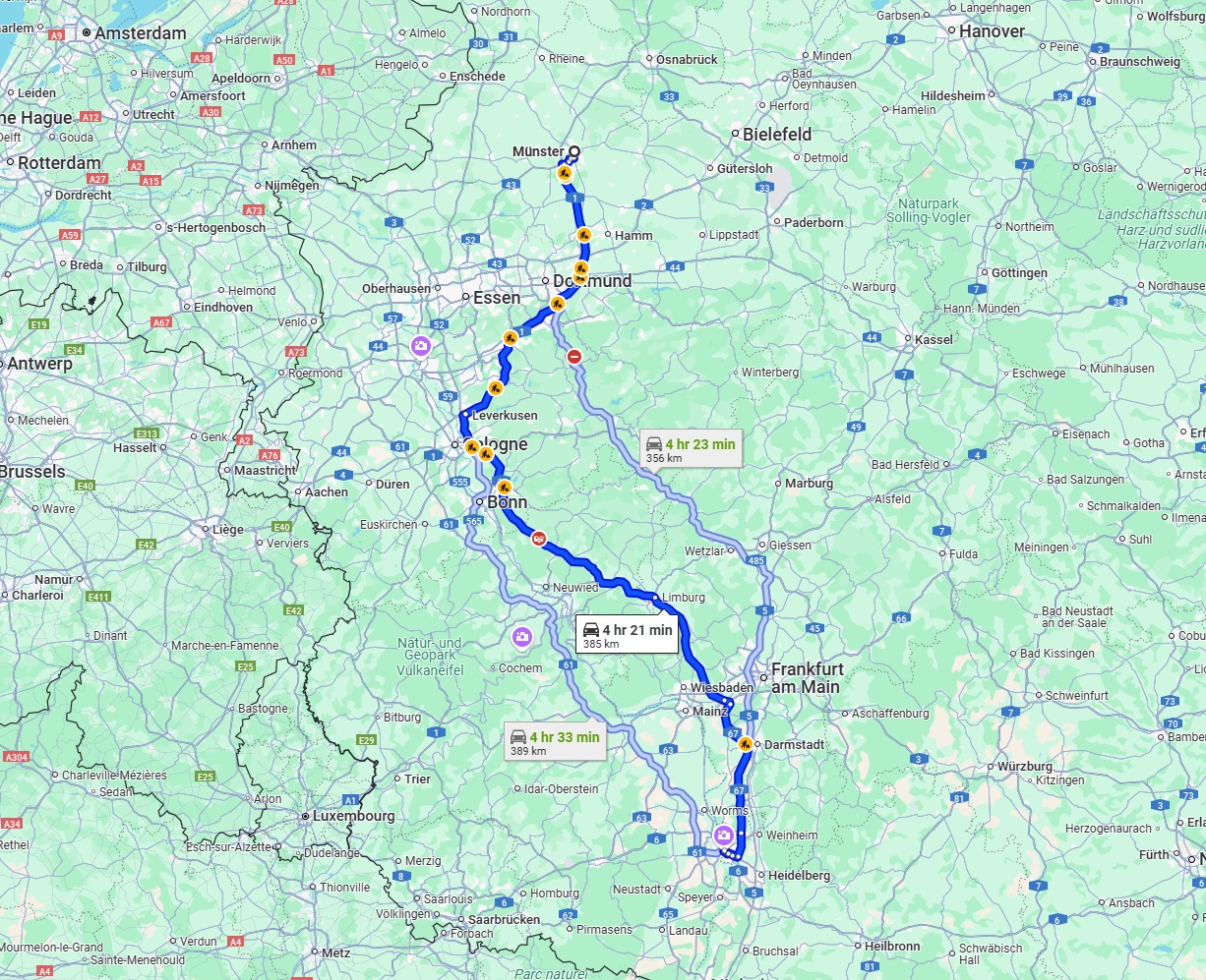 Anreise von Münster Zu Mannheim Über via A1 and A3