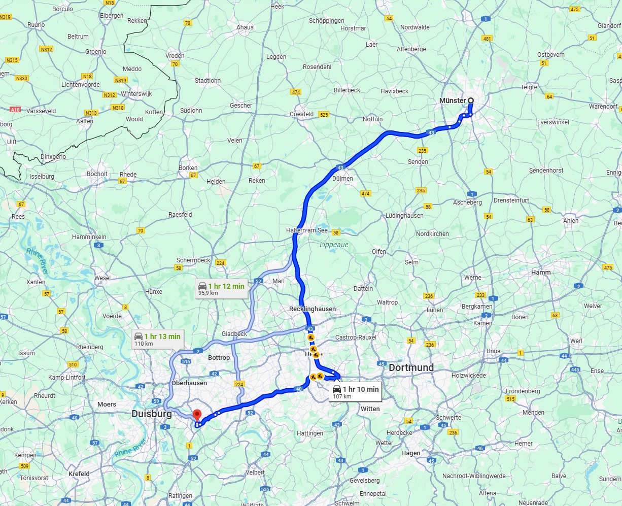 Anreise von Münster Zu Mülheim an der Ruhr Über via A43