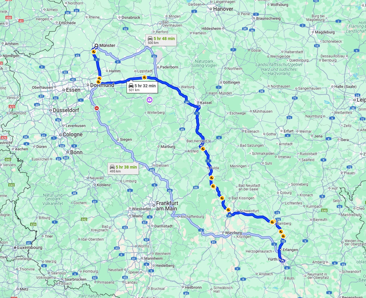 Anreise von Münster Zu Nürnberg Über via A44 and A7