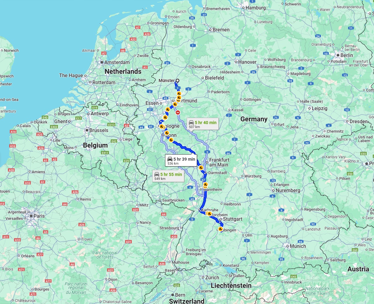 Anreise von Münster Zu Reutlingen Über via A3