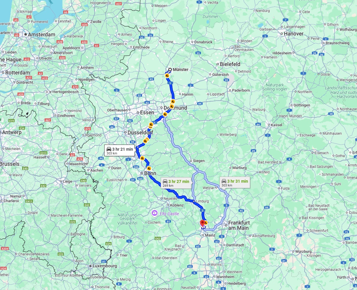 Anreise von Münster Zu Wiesbaden Über via A1 and A3