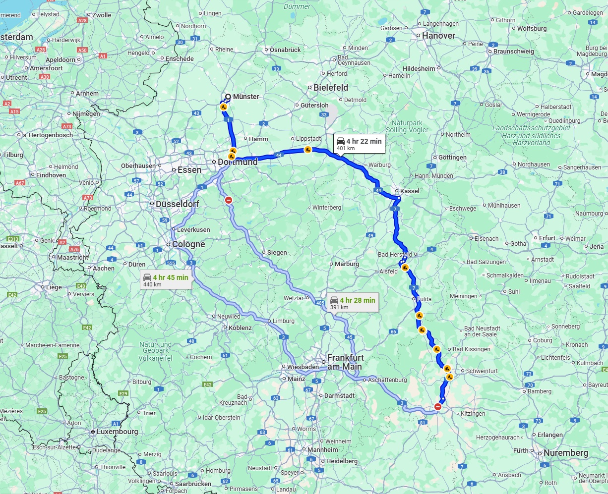 Anreise von Münster Zu Würzburg Über via A44 and A7