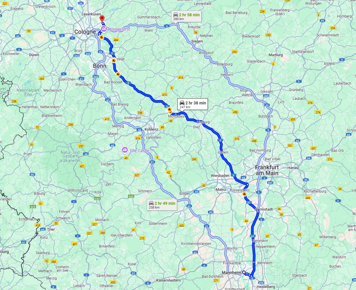 Anreise von Mannheim Zu Bergisch Gladbach Über via A3