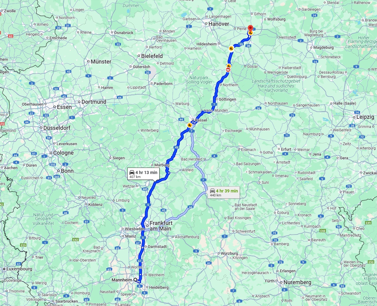 Anreise von Mannheim Zu Braunschweig Über via A5 and A7