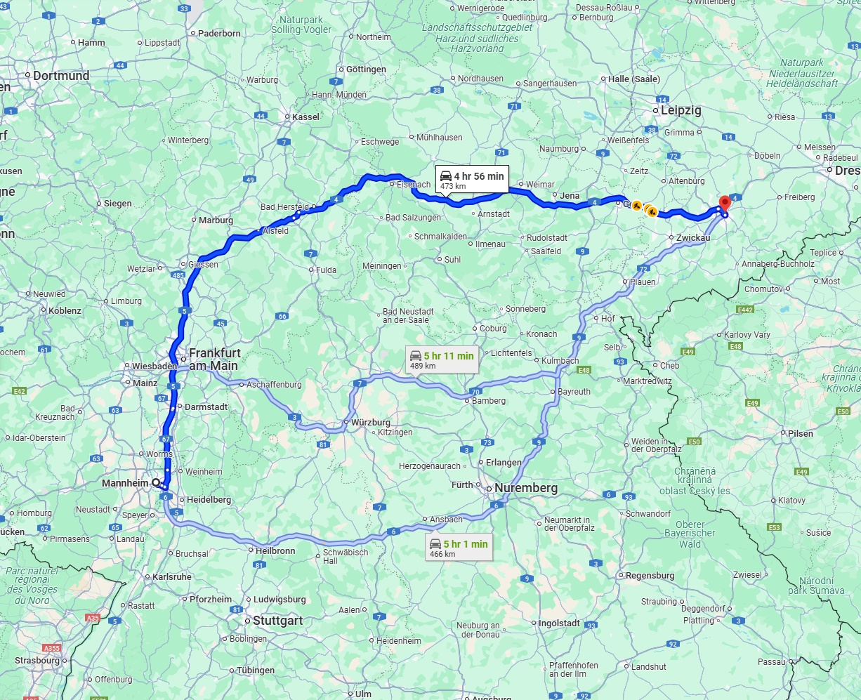 Anreise von Mannheim Zu Chemnitz Über via A5 and A4
