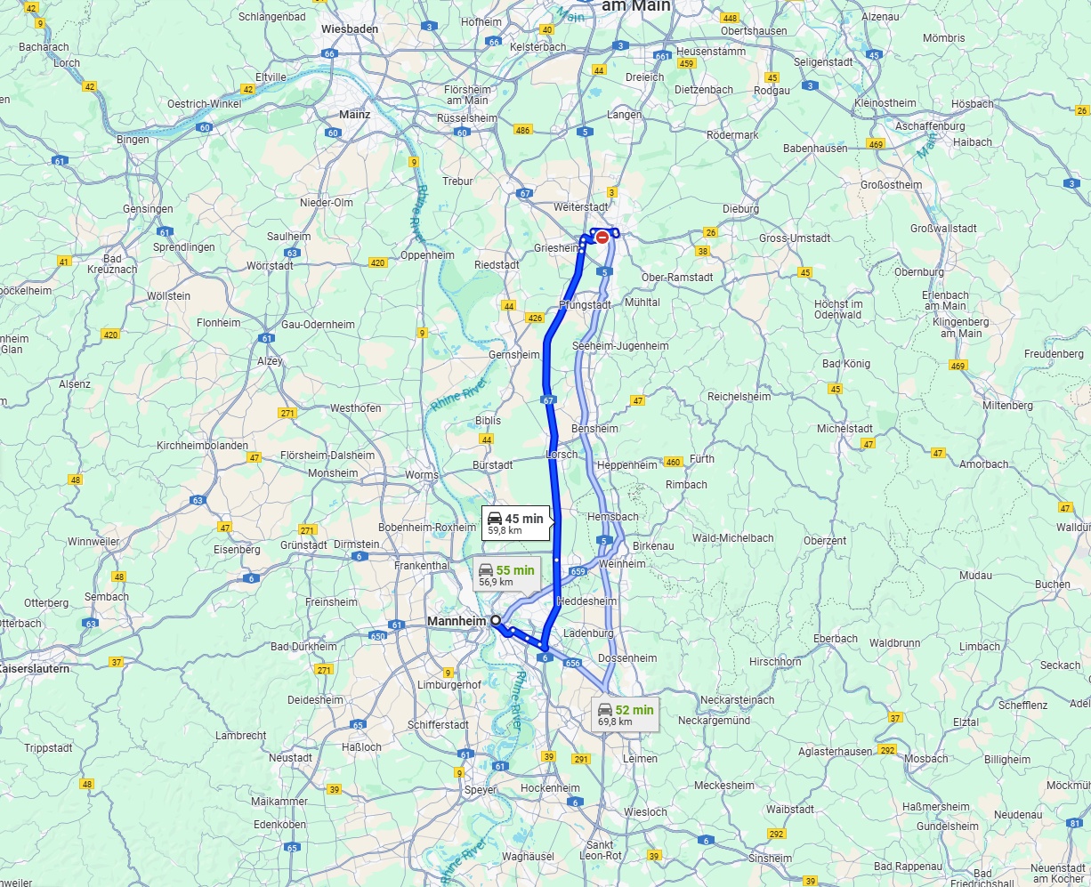 Anreise von Mannheim Zu Darmstadt Über via A67