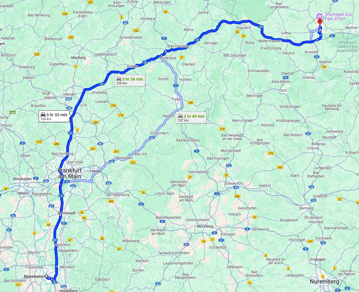 Anreise von Mannheim Zu Erfurt Über via A5 and A4