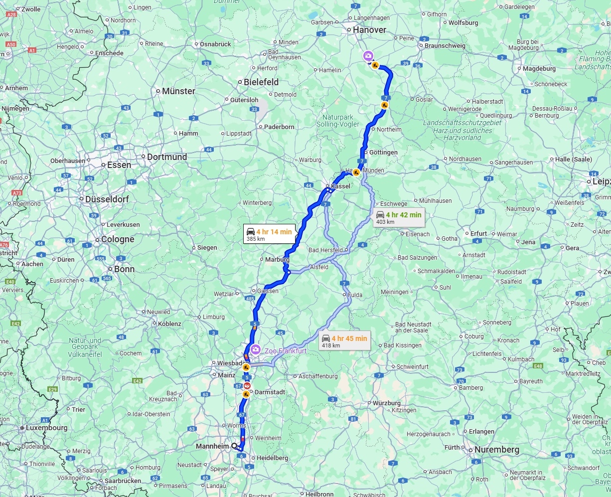 Anreise von Mannheim Zu Hildesheim Über via A5 and A7