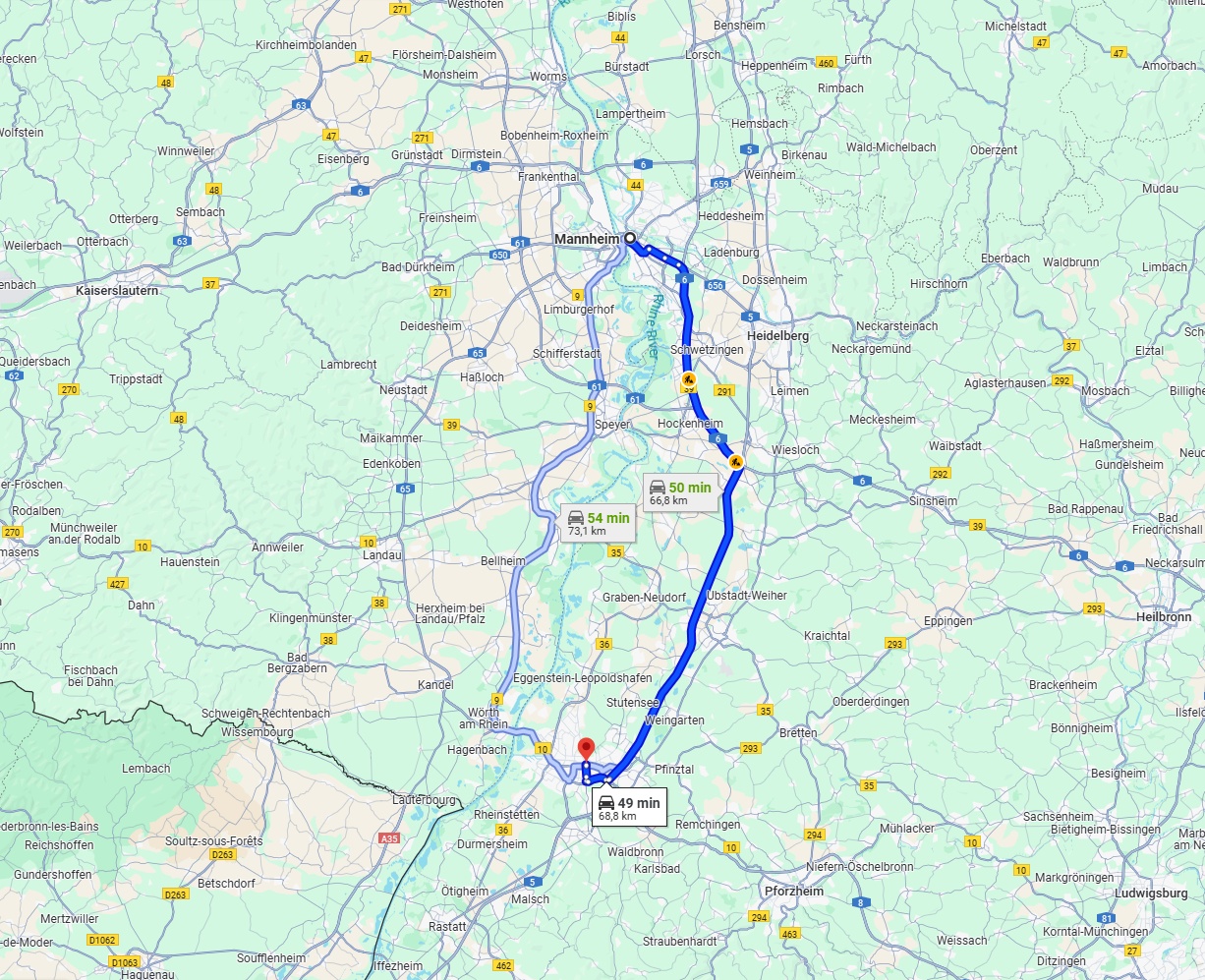 Anreise von Mannheim Zu Karlsruhe Über via A6 and A5