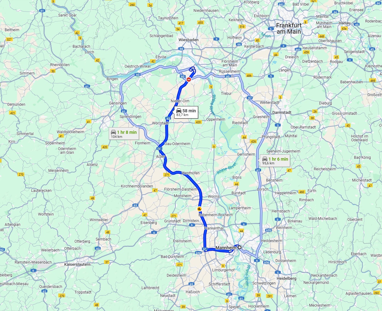 Anreise von Mannheim Zu Mainz Über via A61 and A63