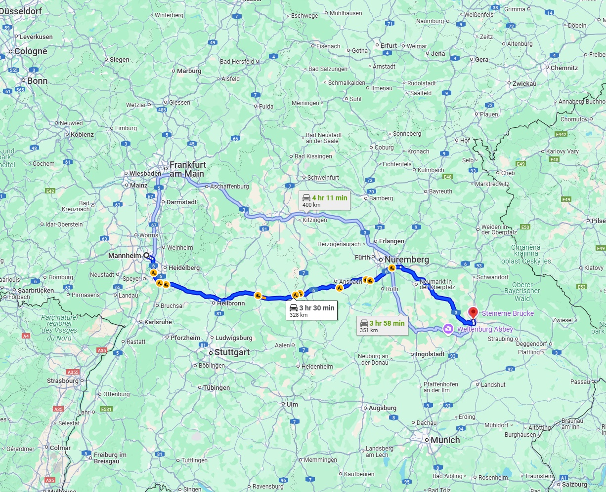 Anreise von Mannheim Zu Regensburg Über via A6 and A3