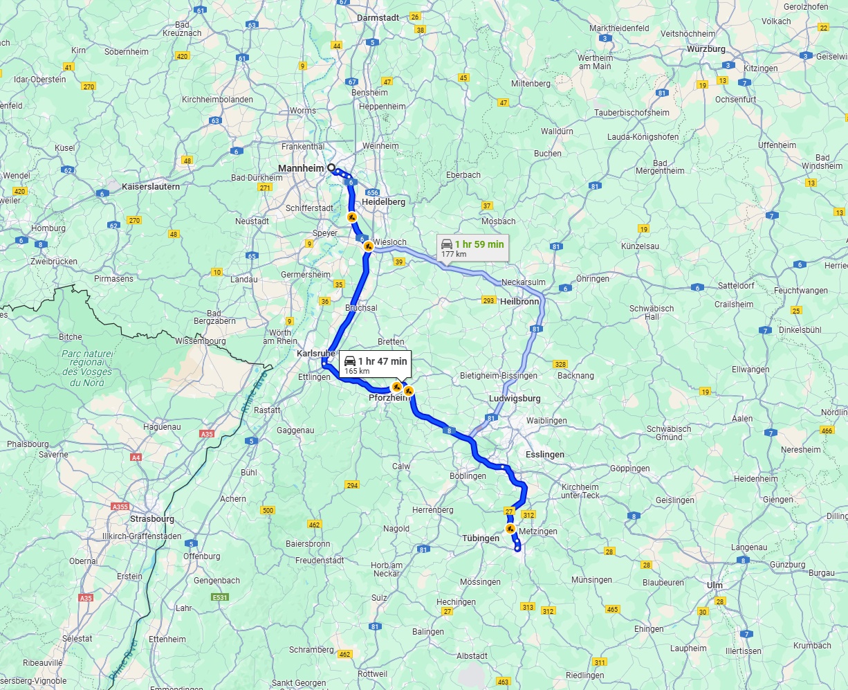 Anreise von Mannheim Zu Reutlingen Über via A8