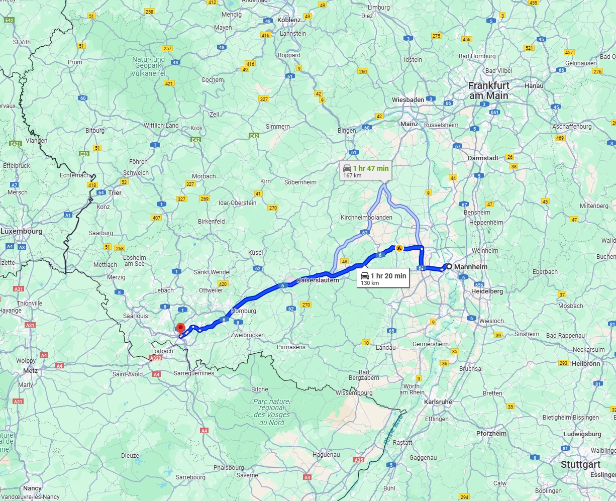 Anreise von Mannheim Zu Saarbrücken Über via A6