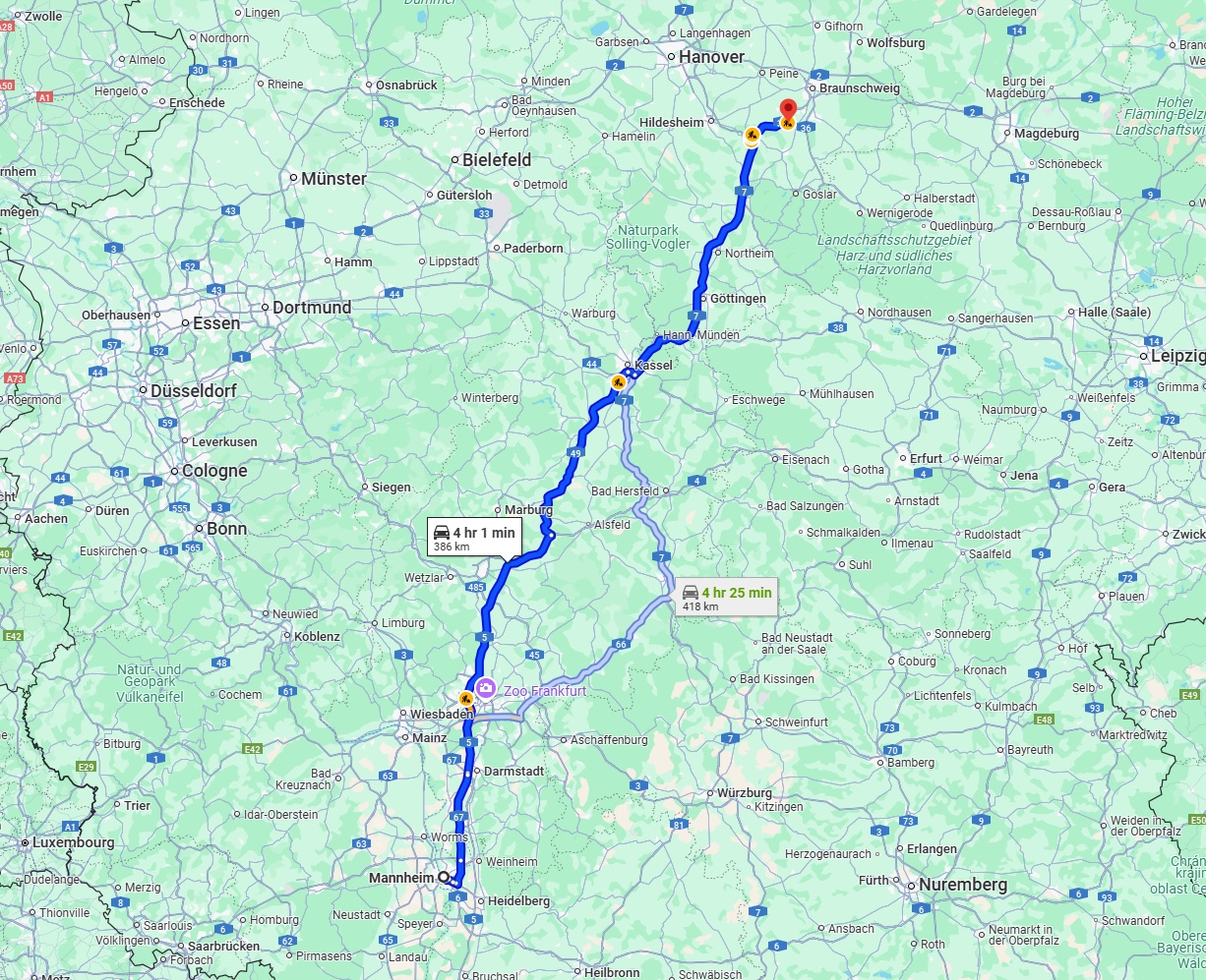 Anreise von Mannheim Zu Salzgitter Über via A5 and A7