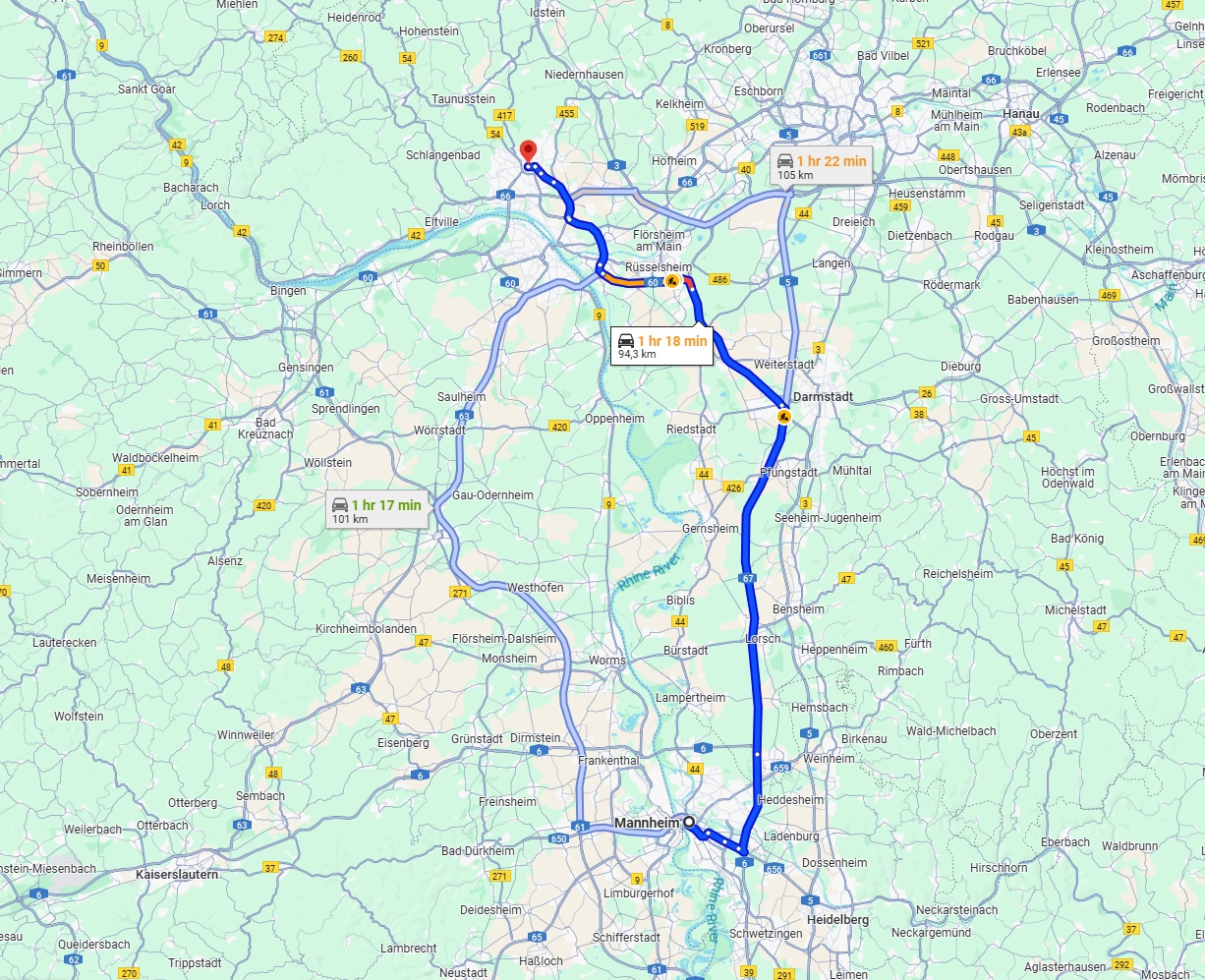 Anreise von Mannheim Zu Wiesbaden Über via A67