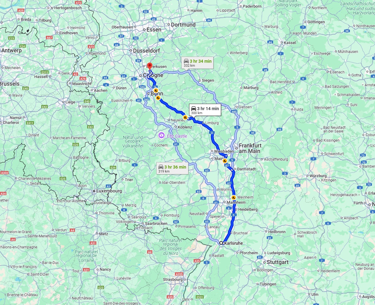 Anreise von Karlsruhe Zu Bergisch Gladbach Über via A5 and A3