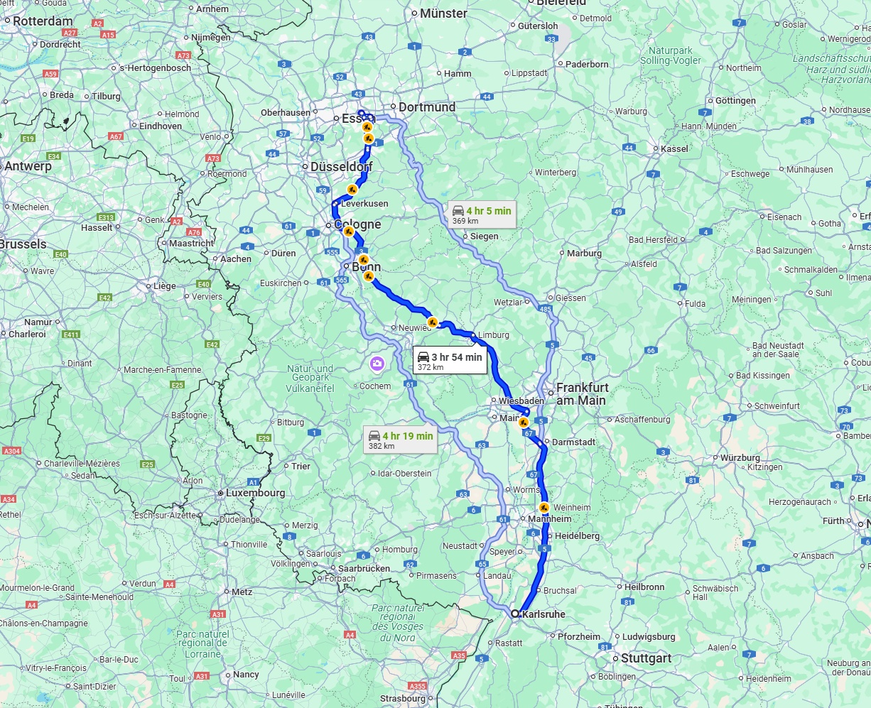 Anreise von Karlsruhe Zu Bochum Über via A5 and A3