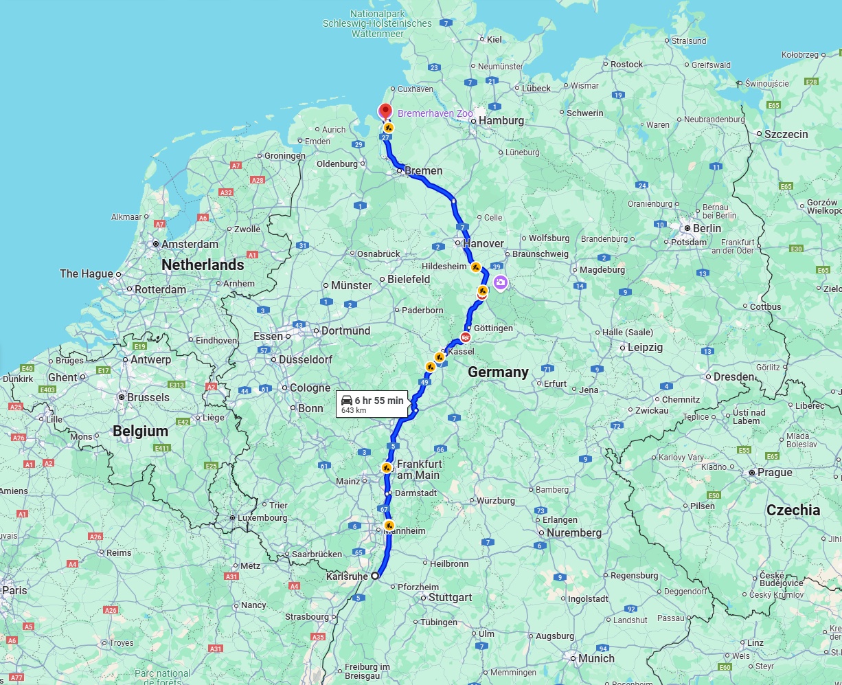 Anreise von Karlsruhe Zu Bremerhaven Über via A5 and A7