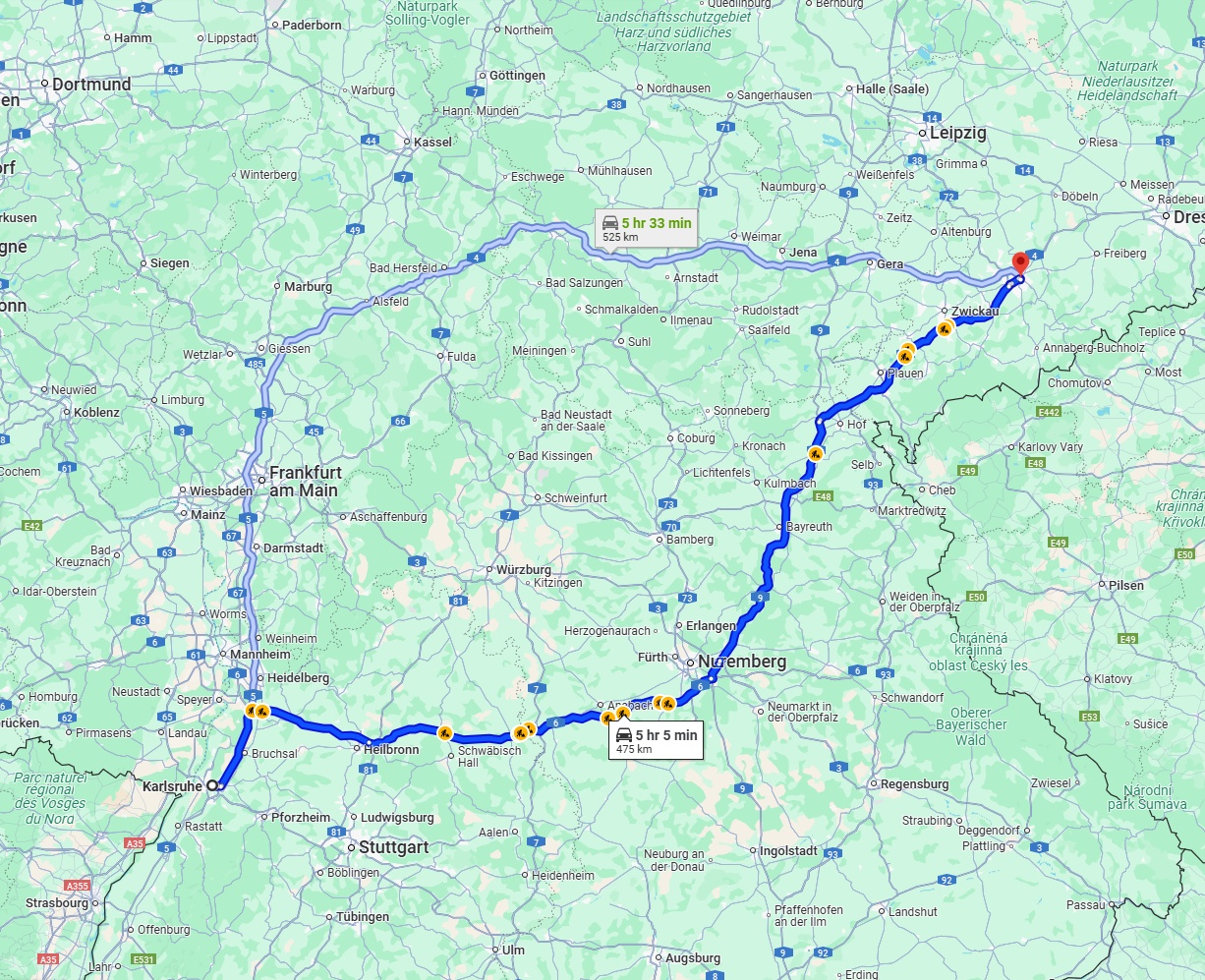 Anreise von Karlsruhe Zu Chemnitz Über via A6 and A9