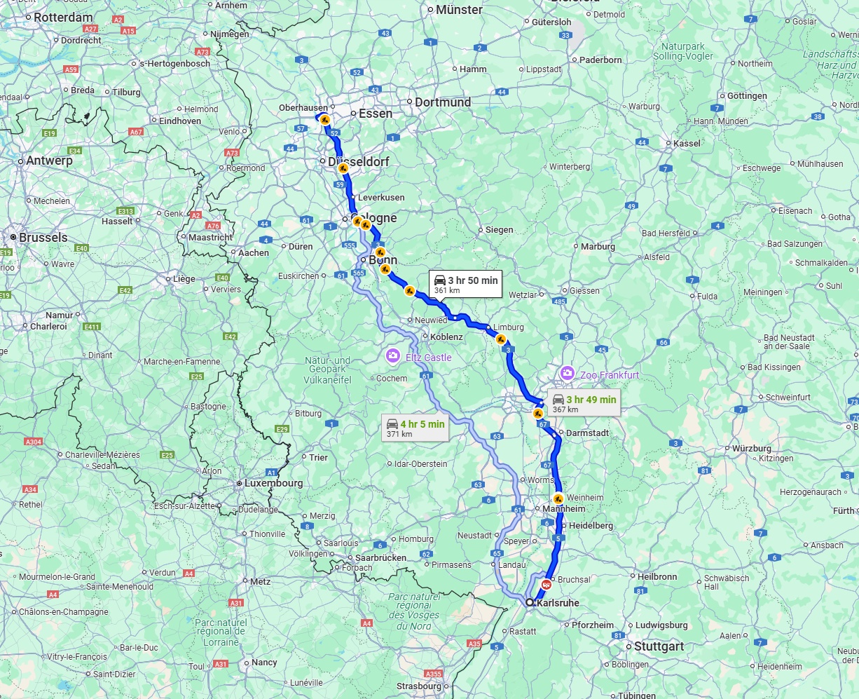 Anreise von Karlsruhe Zu Duisburg Über via A5 and A3