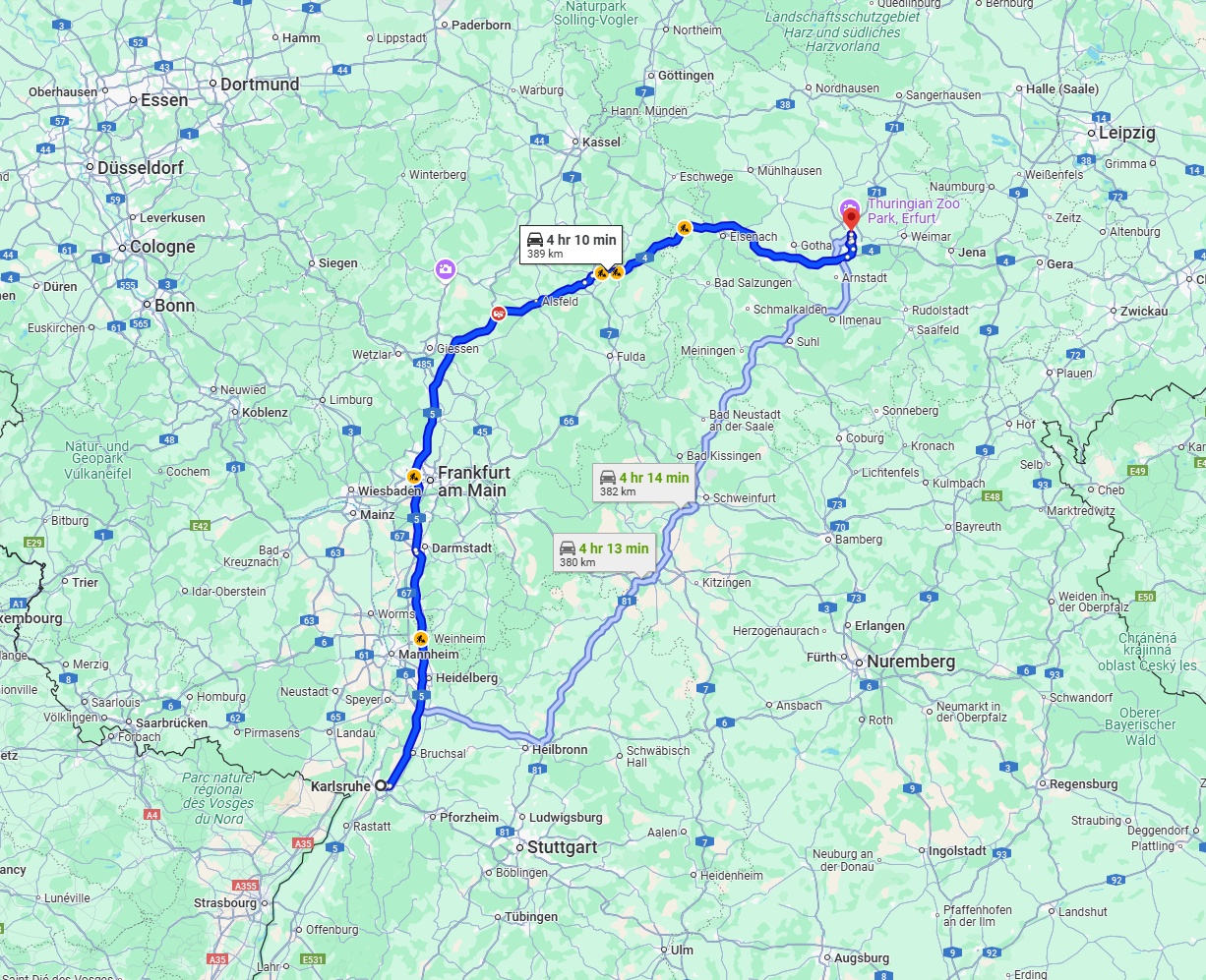 Anreise von Karlsruhe Zu Erfurt Über via A5 and A4
