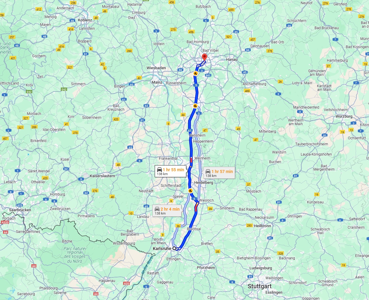 Anreise von Karlsruhe Zu Frankfurt am Main Über via A67 and A5