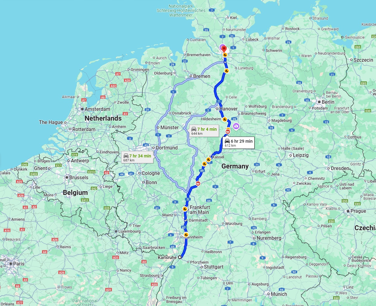Anreise von Karlsruhe Zu Hamburg Über via A5 and A7