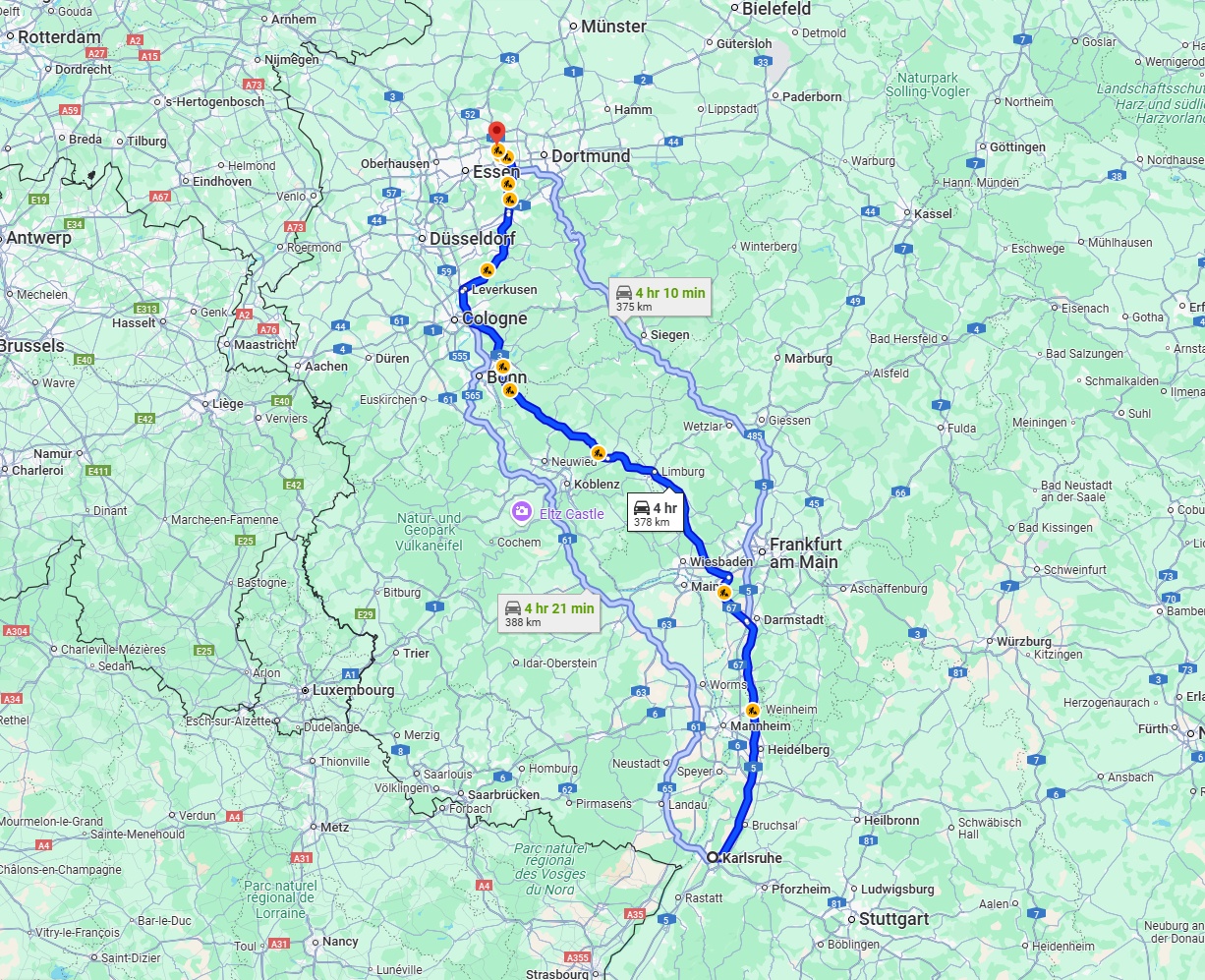 Anreise von Karlsruhe Zu Herne Über via A5 and A3