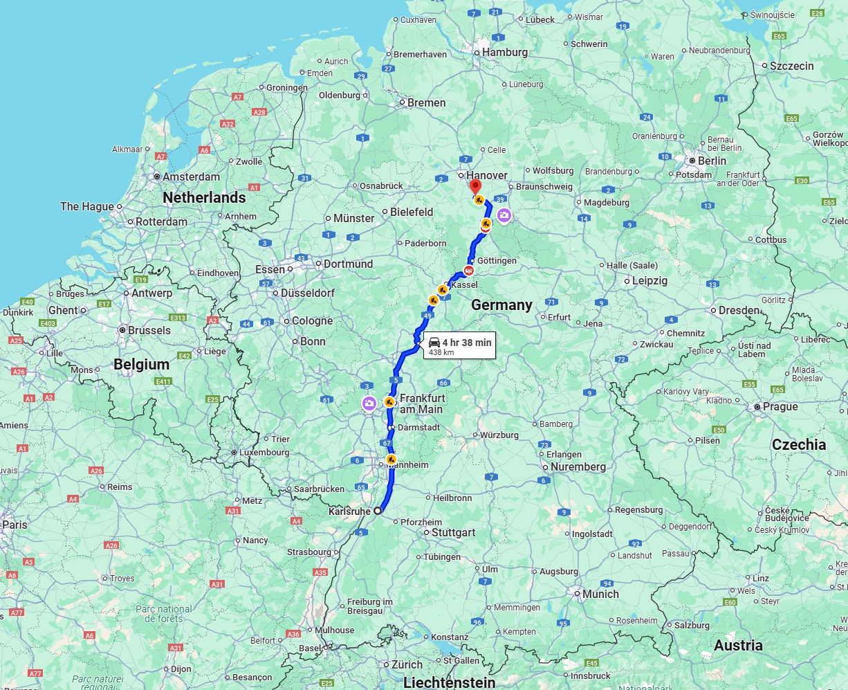 Anreise von Karlsruhe Zu Hildesheim Über via A5 and A7