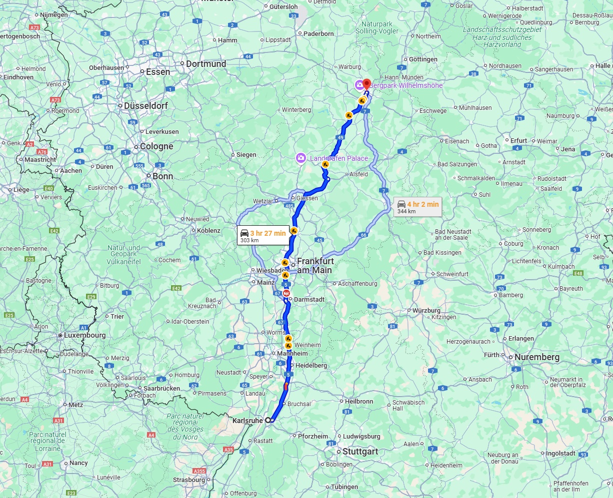 Anreise von Karlsruhe Zu Kassel Über via A5 and A49