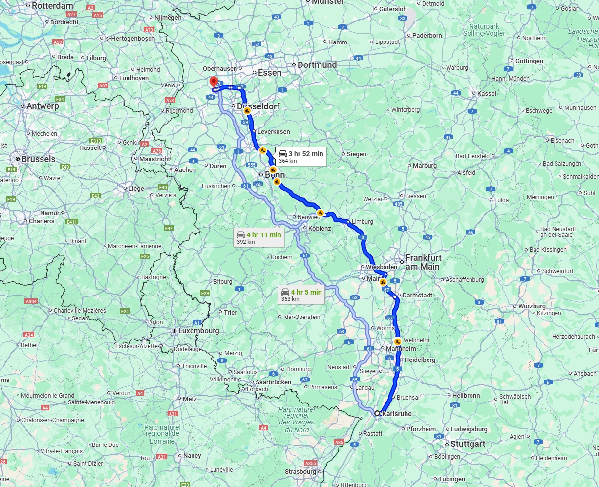 Anreise von Karlsruhe Zu Krefeld Über via A5 and A3