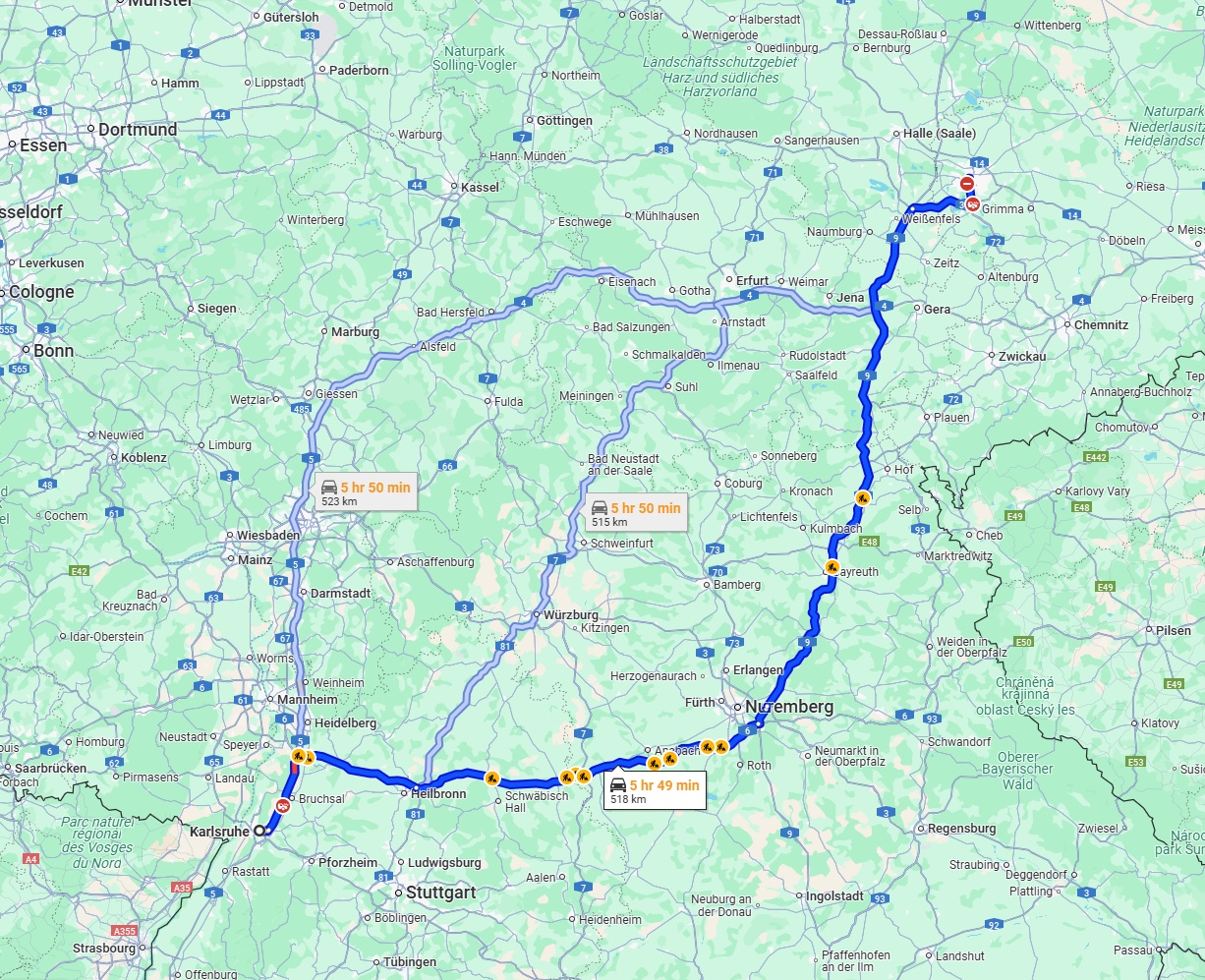 Anreise von Karlsruhe Zu Leipzig Über via A6 and A9