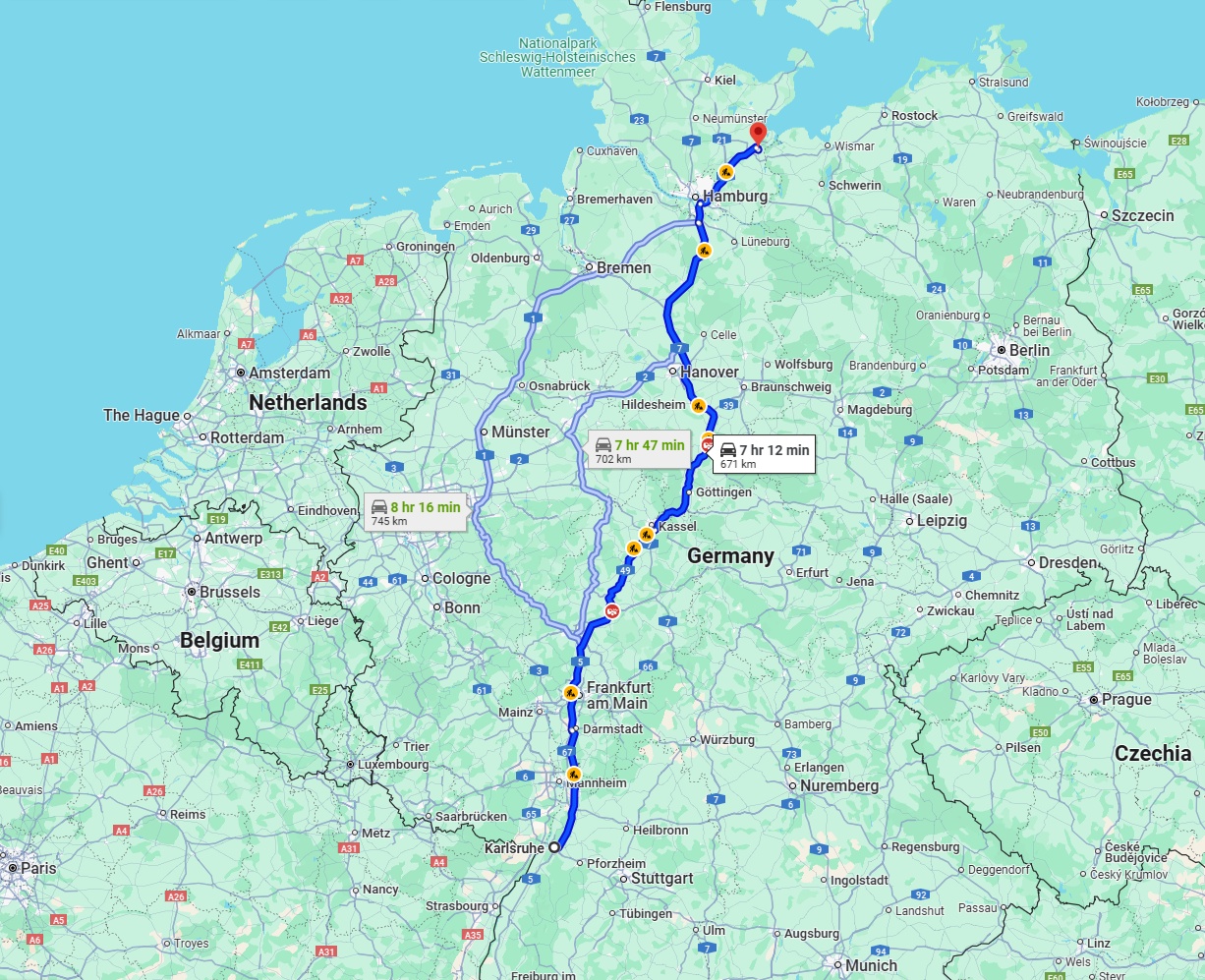 Anreise von Karlsruhe Zu Lübeck Über via A5 and A7