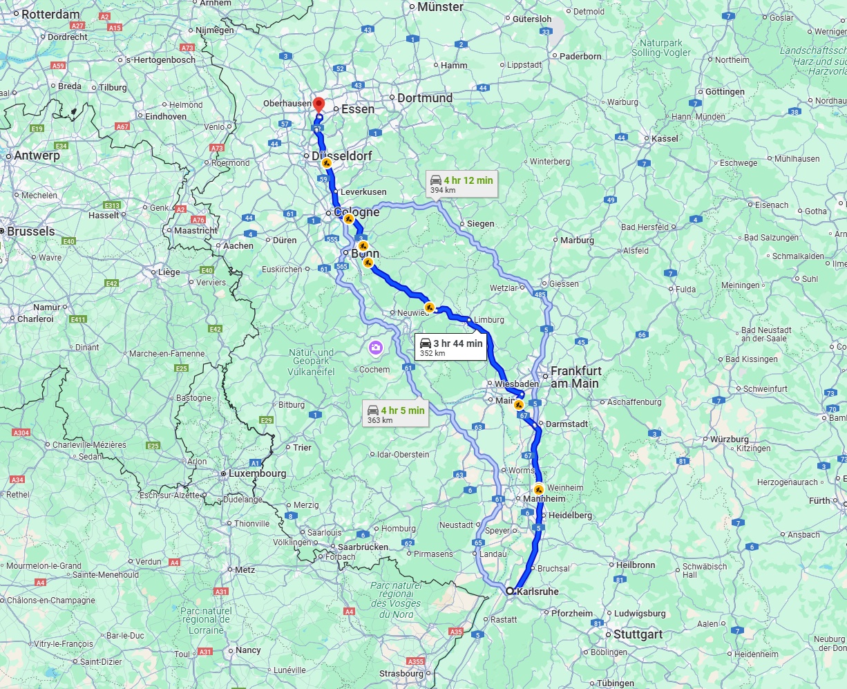 Anreise von Karlsruhe Zu Mülheim an der Ruhr Über via A5 and A3